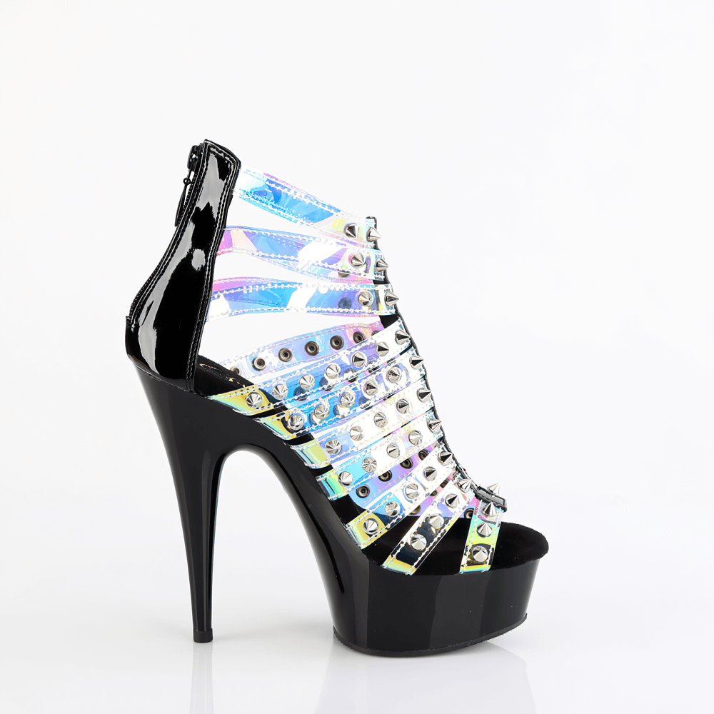 Bold holographic spiked stiletto cage sandals with zipper, perfect for making a statement.