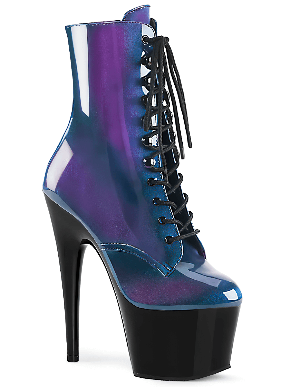 Iridescent blue and purple platform ankle boots with a 7-inch heel and lace-up front.