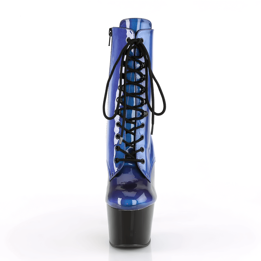 Iridescent blue and purple platform ankle boots with lace-up front and zip closure, perfect for bold style.