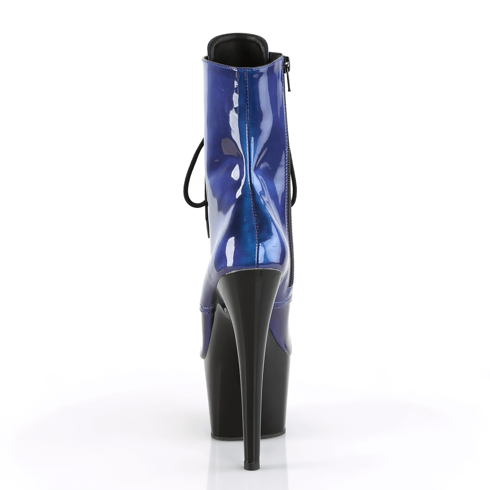 Back view of Pleaser iridescent blue and purple platform ankle boots with high heel and lace-up design.