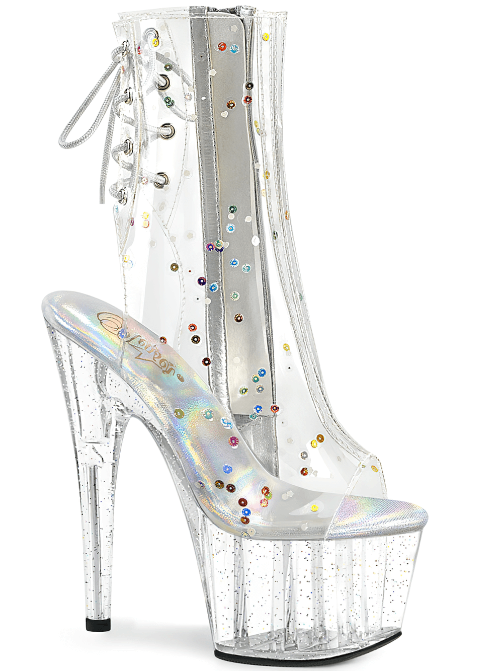 PLEASER Iridescent Sequin Lace-Up Platform Open Toe Shoes