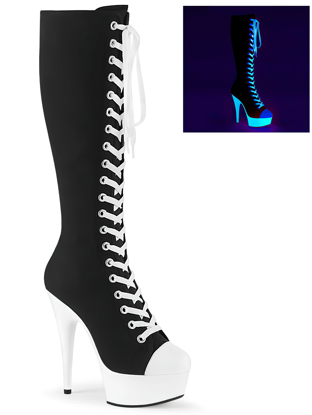 Blacklight reactive knee-high lace-up canvas sneaker boots with platform heels and edgy white accents.