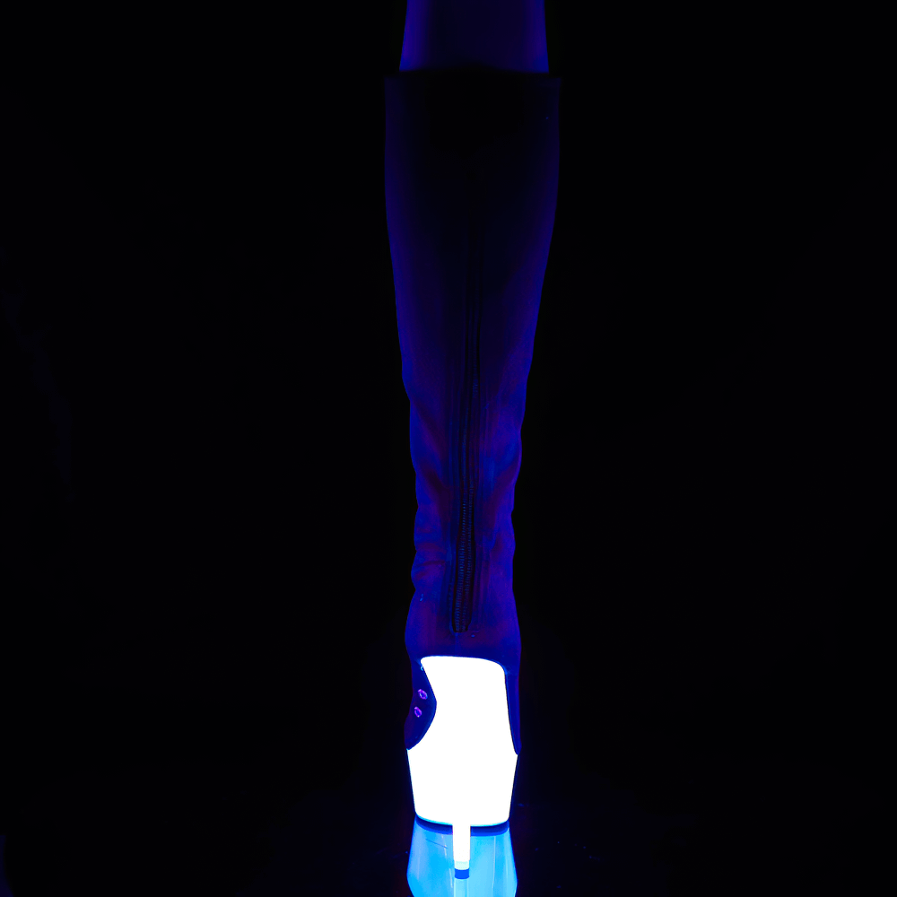 Blacklight reactive knee-high lace-up sneaker boot with a glowing white platform heel against a dark background.