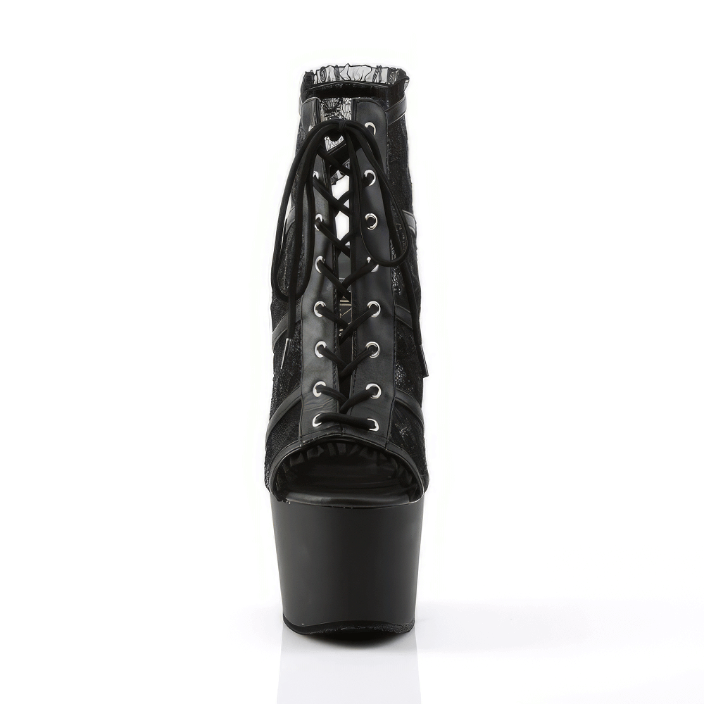 Elegant black lace overlay stiletto booties with open toe and lace-up front, perfect for glamorous nights.