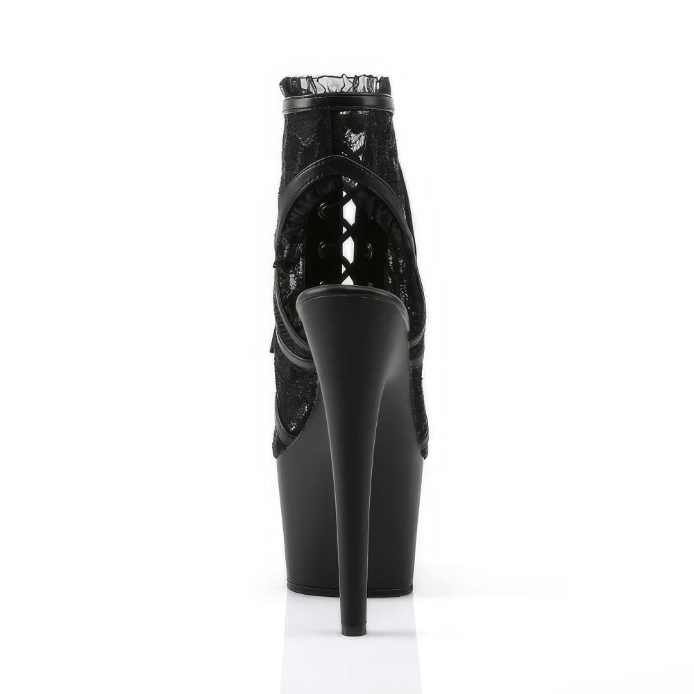 Back view of elegant black lace stiletto booties with open toe and high heel, perfect for glamorous occasions.