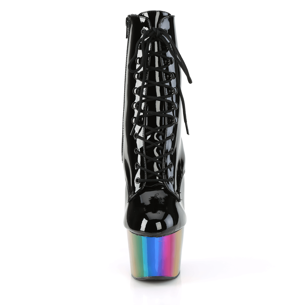 PLEASER Lace-Up Ankle Boots with 7-inch heel and rainbow chrome platform for a bold fashion statement.