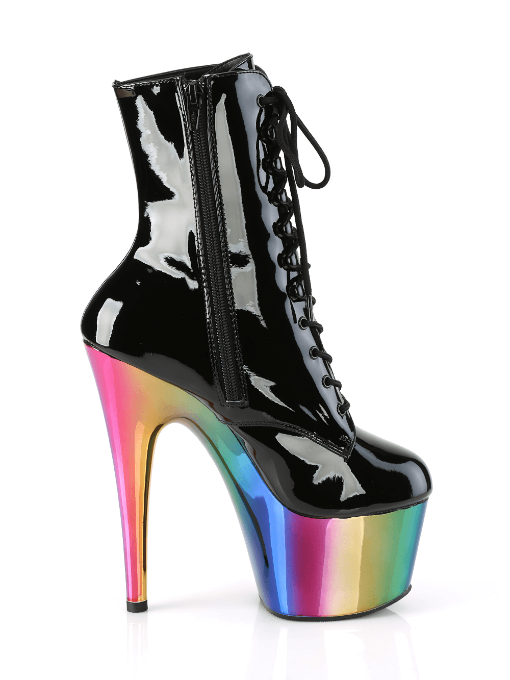PLEASER lace-up ankle boots featuring a 7-inch heel and colorful rainbow chrome platform, perfect for fashion-forward outfits.