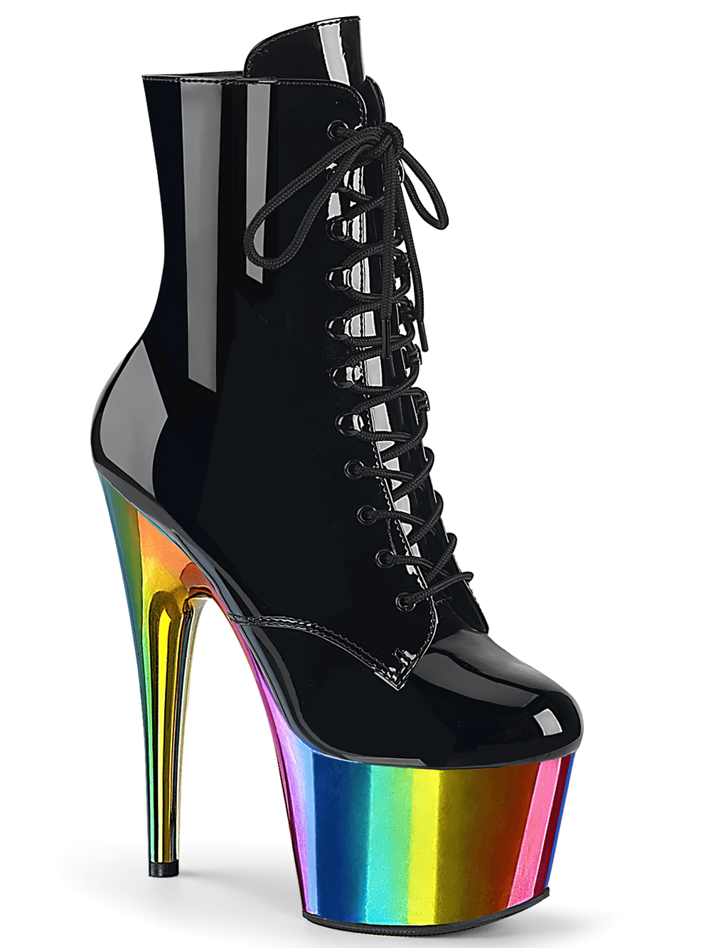 PLEASER black lace-up ankle boots with 7-inch heel and colorful rainbow chrome platform, perfect for bold fashion statements.