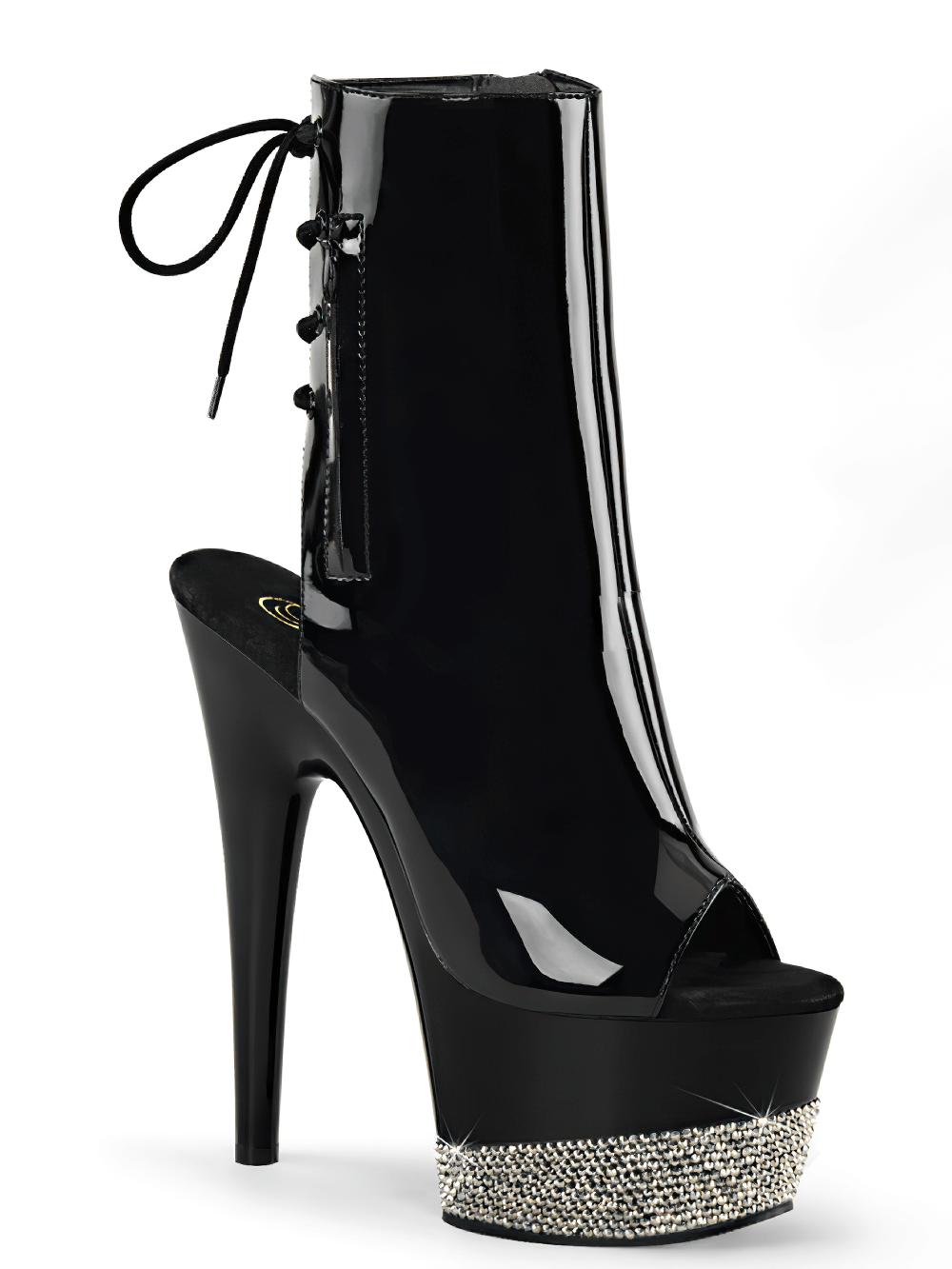 Stylish Pleaser lace-up back ankle boots with rhinestone platform and stiletto heel, perfect for a trendy look.