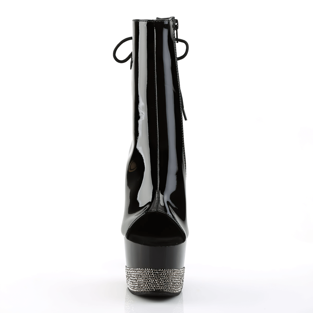 Black lace-up back ankle boots with open toe and rhinestone platform heel.