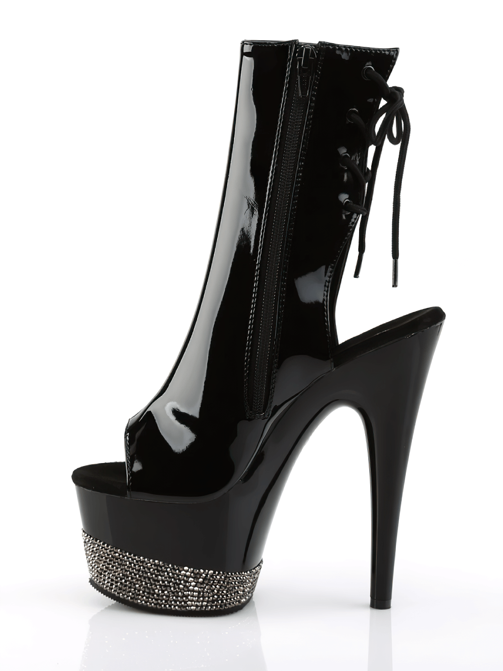 Stylish black lace-up back ankle boots with rhinestone platform and open-toe design, featuring a 7-inch stiletto heel.