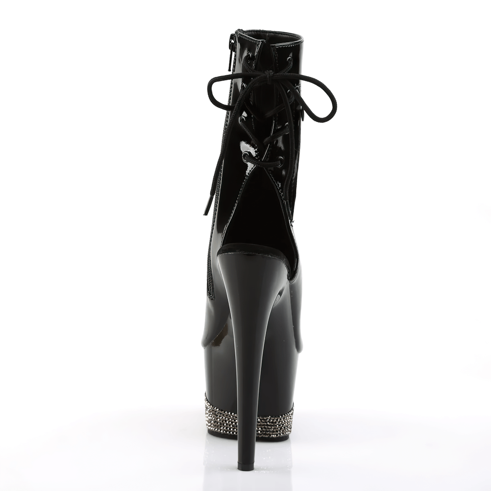 Back view of PLEASER Lace-Up Back Ankle Boots with rhinestone platform and striking stiletto heel.