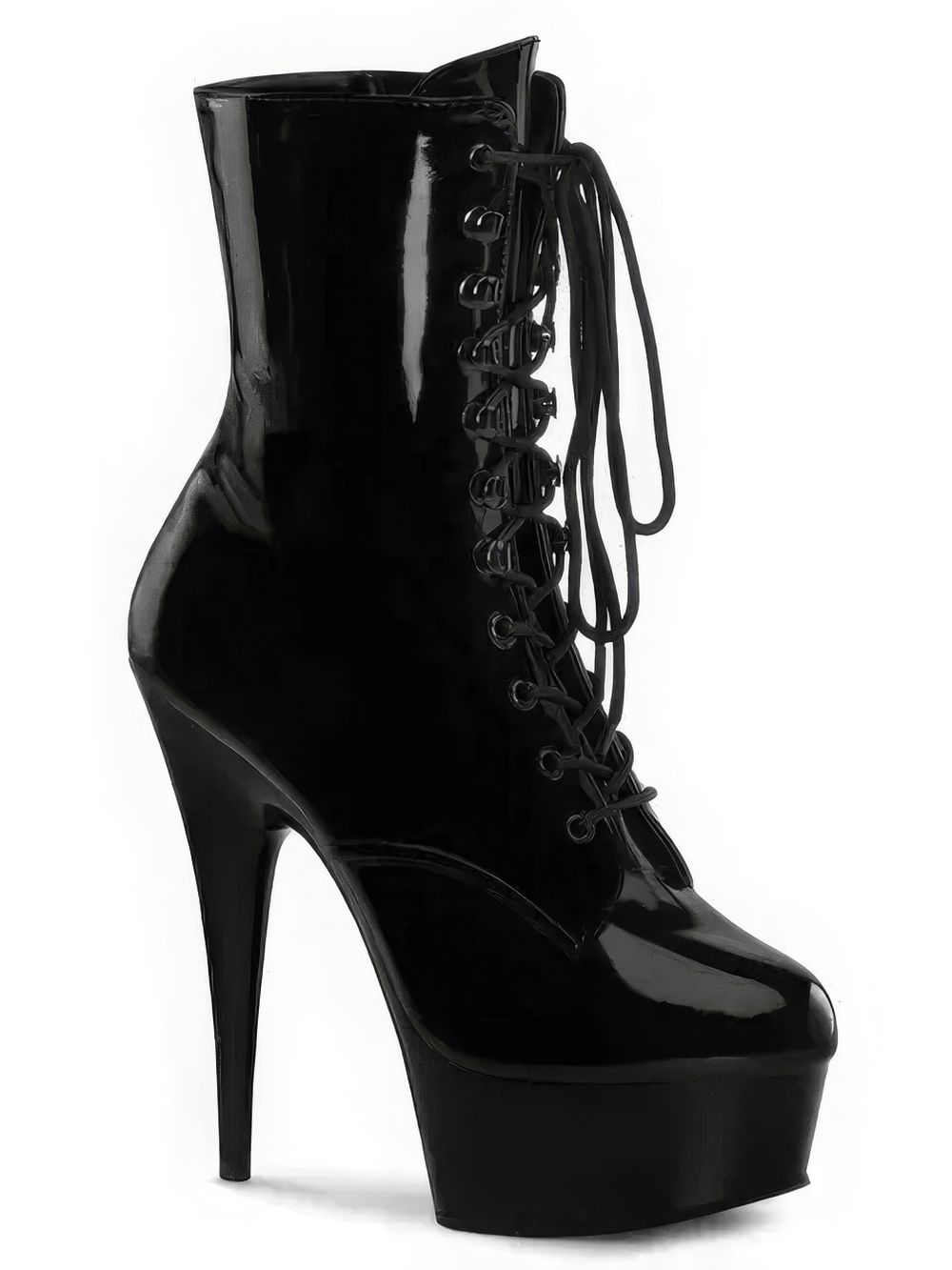 Black patent lace-up ankle boots with high heels and platform for a trendy shoe statement.