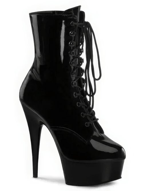 PLEASER Bottines vernies noires à lacets et talons hauts
