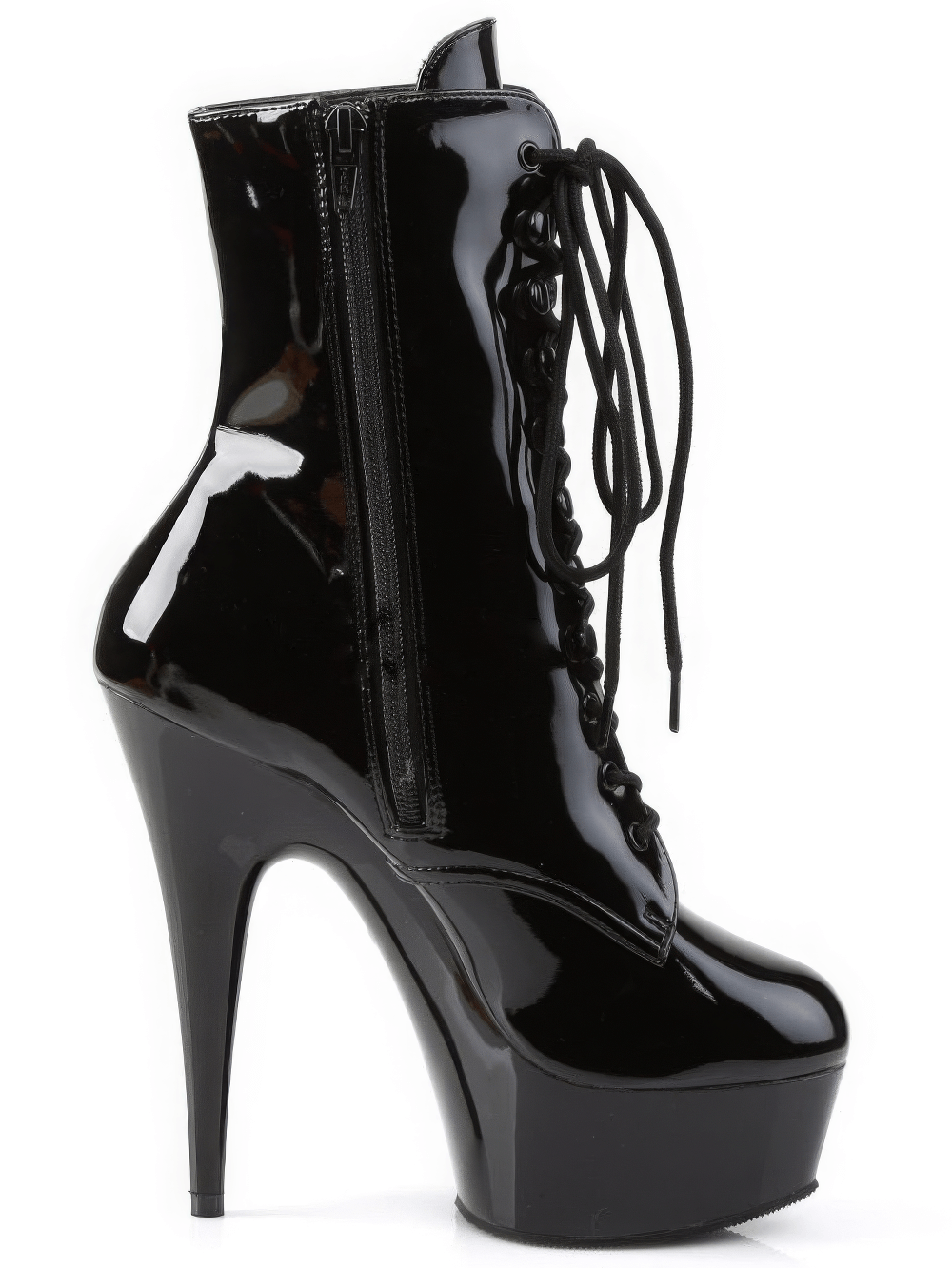 Trendy black patent lace-up ankle boots with high heels and platform for added height and stability.