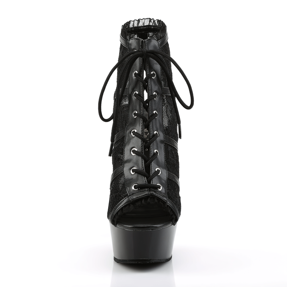 Black lace-up booties with 6-inch heels, open toe, lace overlay, and mesh detailing for a bold, elegant look.