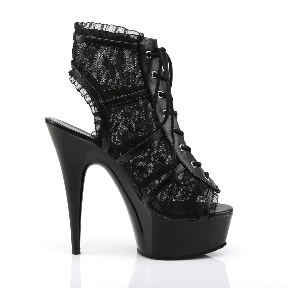 Stylish Pleaser lace-up booties with lace overlay, open toe, and 6-inch heels for a bold look.