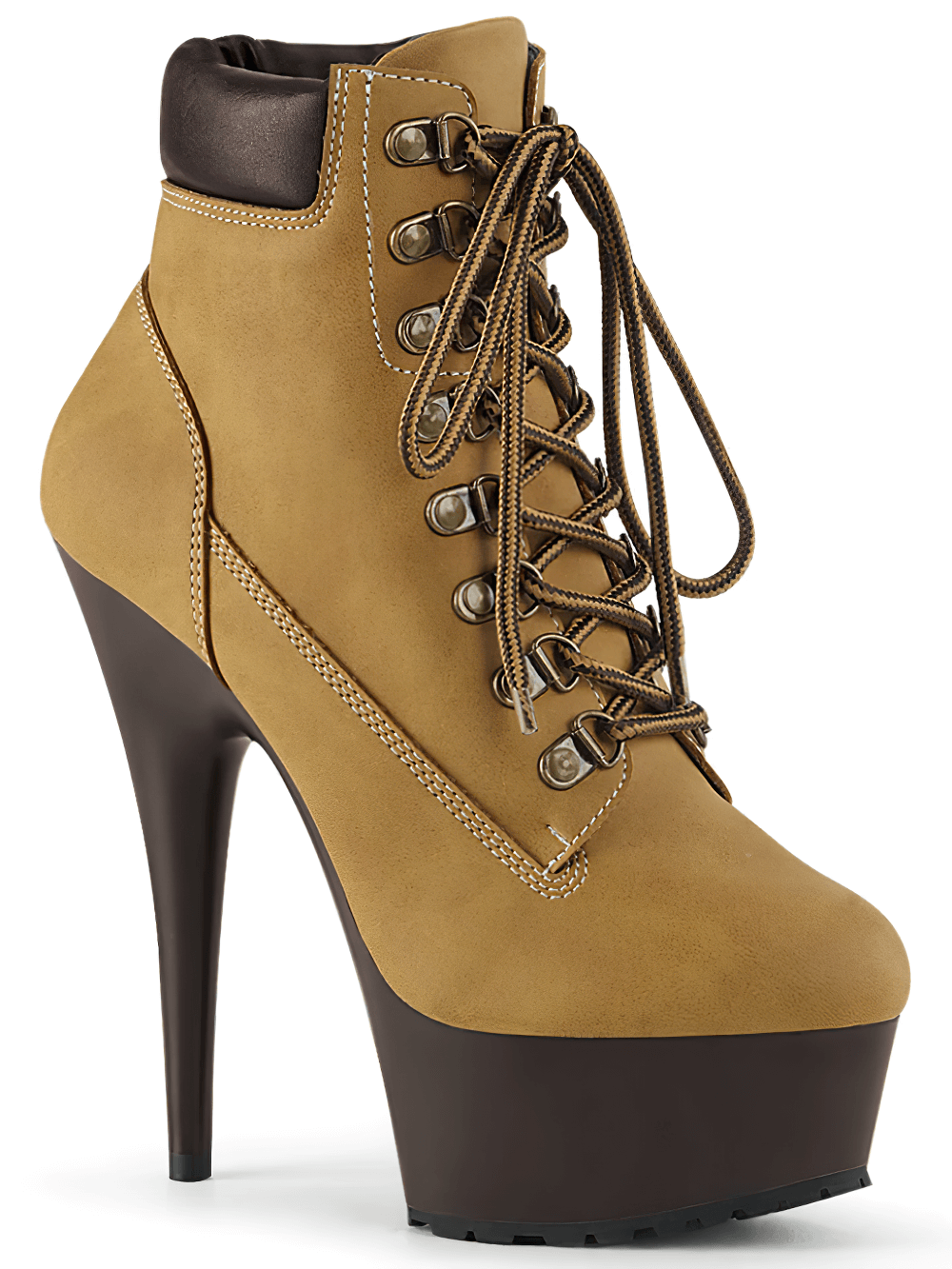 PLEASER lace-up tan platform ankle boots with a stunning 6-inch stiletto heel, perfect for a trendy fall look.