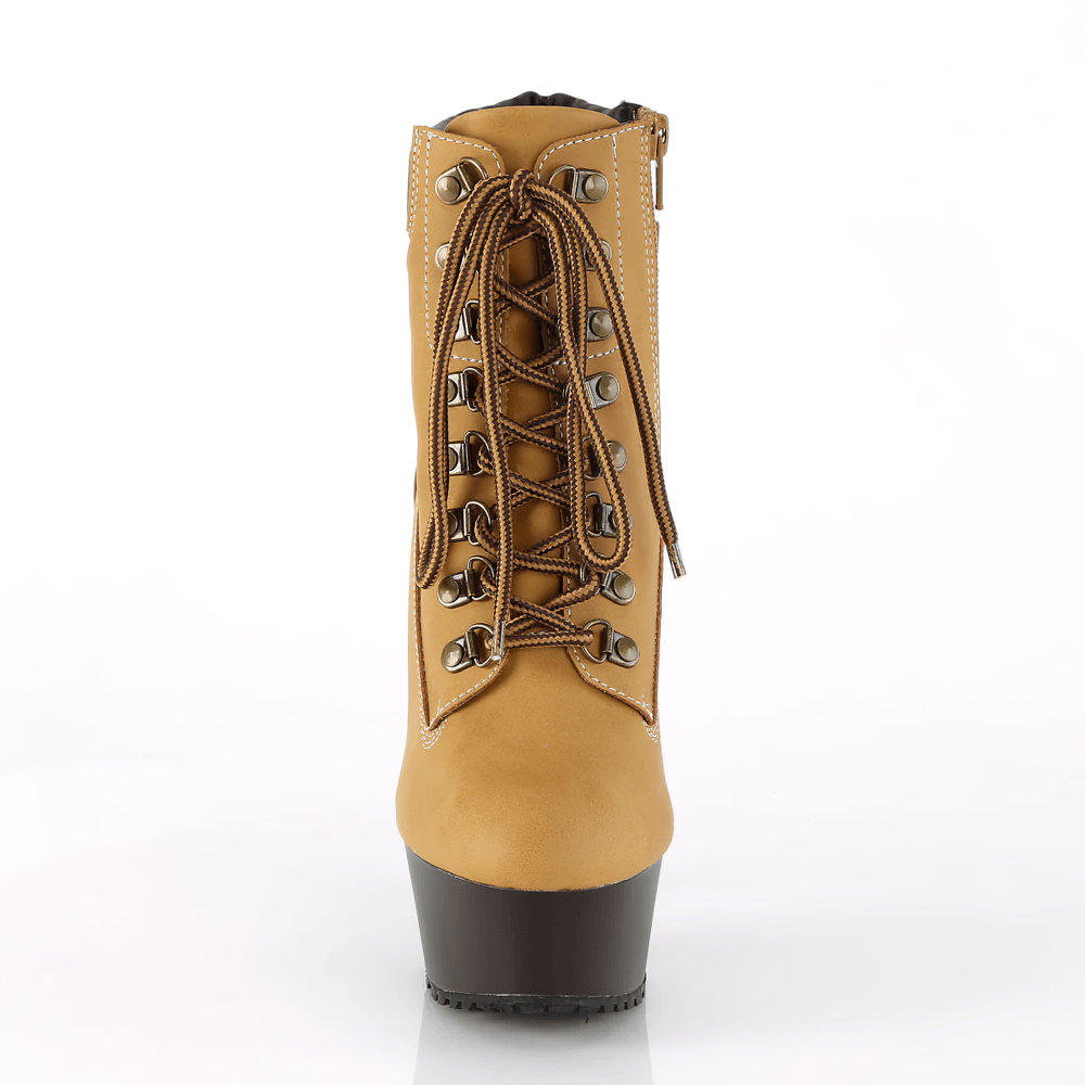 PLEASER tan lace-up ankle boots with stiletto heel, 6-inch height, perfect for trendy fall outfits.