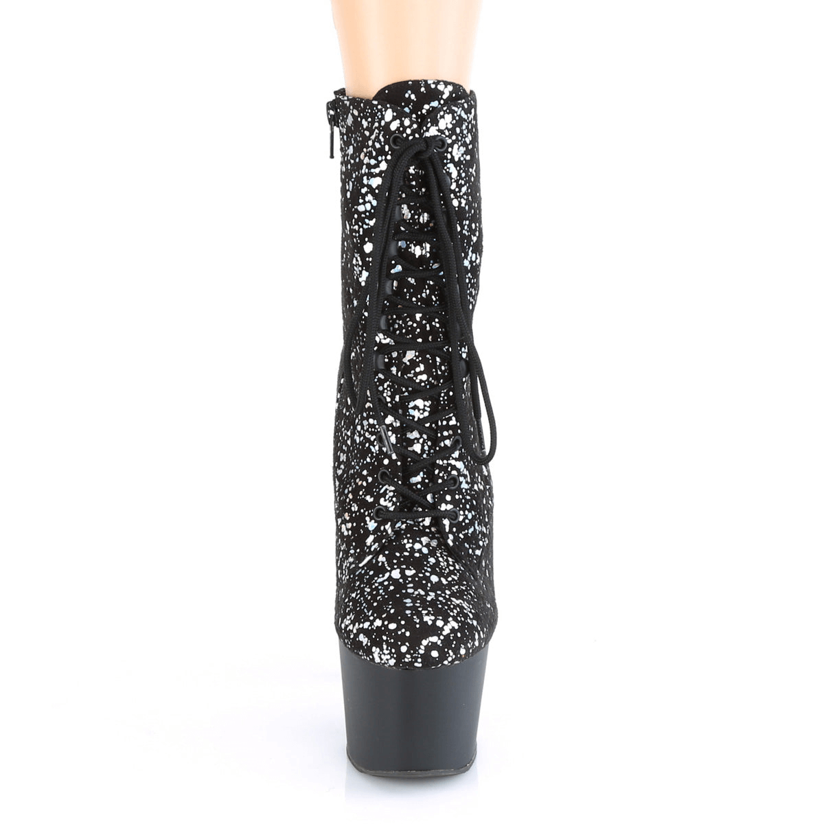 PLEASER lace-up black and white splatter ankle boots with 7-inch heel and zip closure, shining with holographic effect.