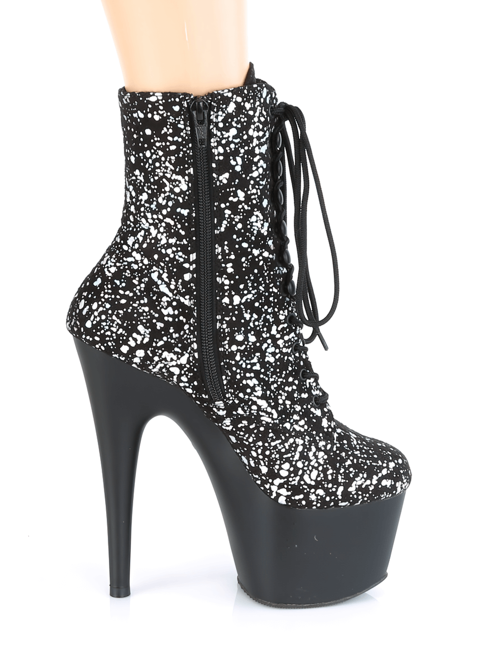Lace-up holographic splatter platform ankle boots with 7-inch heel and zip closure for a striking look.