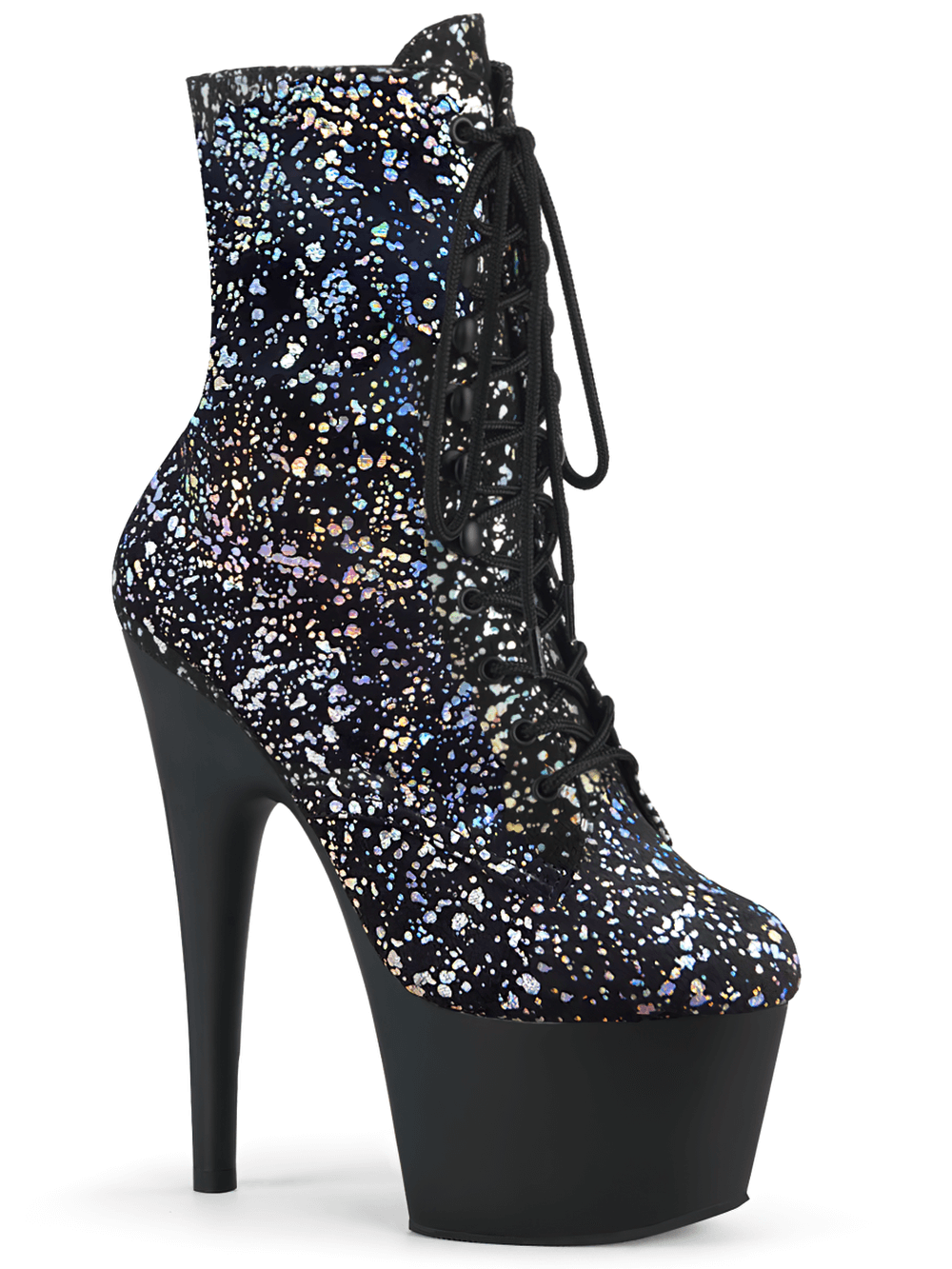 PLEASER Lace-Up Holographic Splatter Platform Ankle Boots with a striking 7-inch heel and bold splatter print.