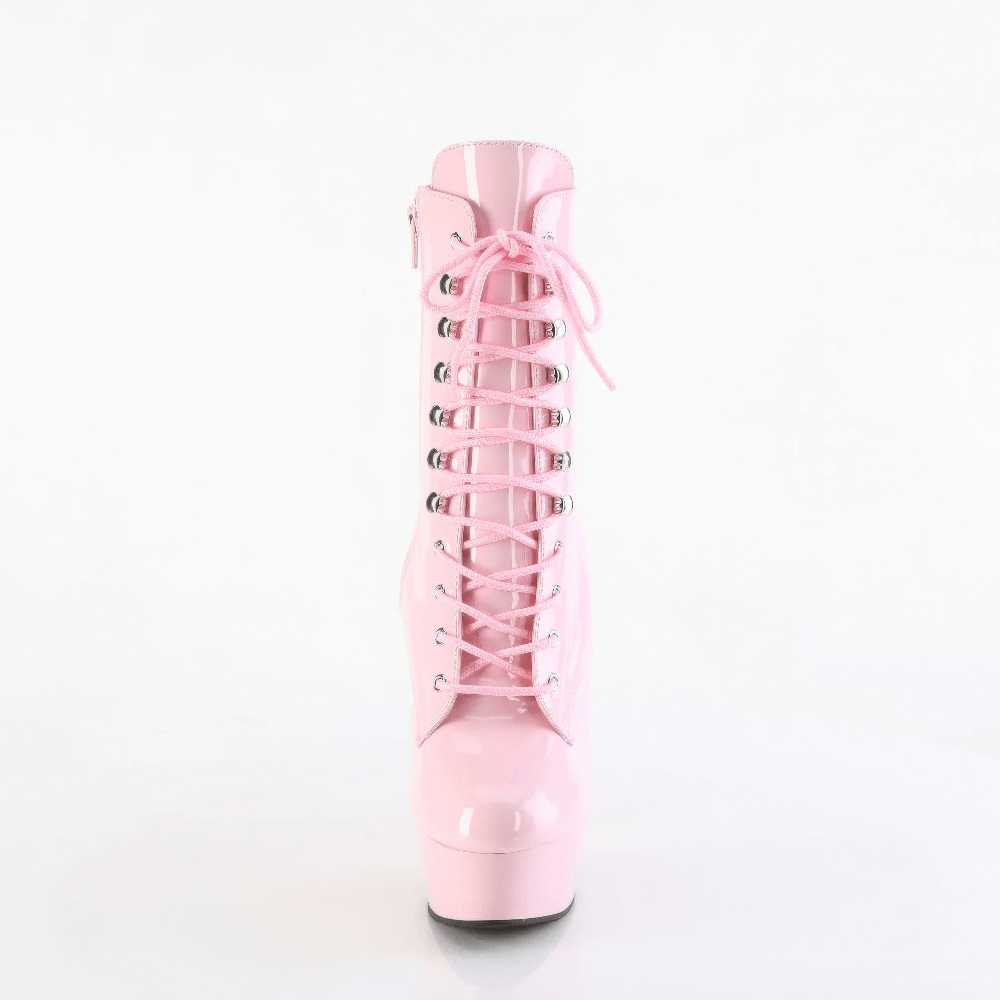 Pink patent lace-up ankle boots with high heels, perfect for making a stylish statement.
