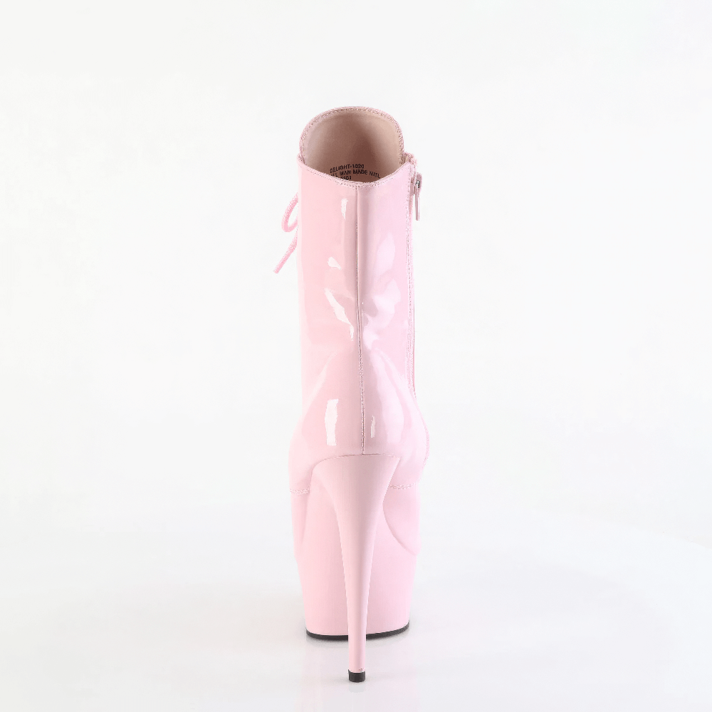 Back view of PLEASER Lace-Up Pink Patent Ankle Boots with high heels and zipper closure.