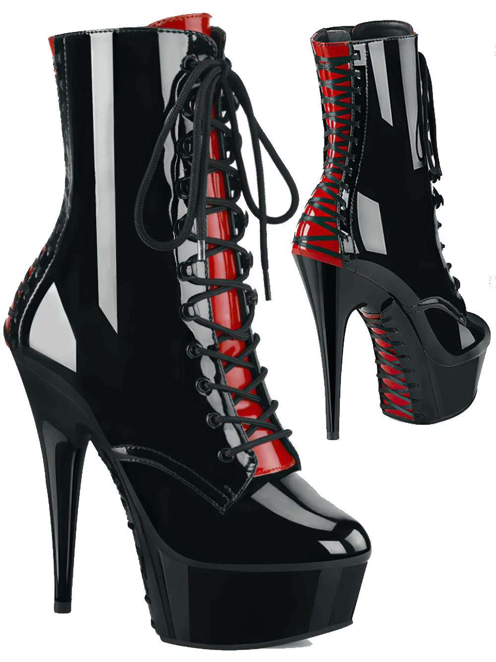 Black and red lace-up platform ankle boots with a striking stiletto heel and intricate corset detailing.