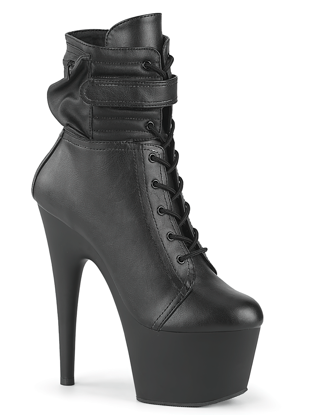 Bold black lace-up platform boots with 7-inch heel and hook and loop strap, perfect for fierce styling.
