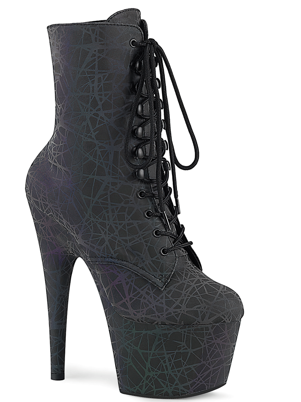 PLEASER lace-up reflective ankle boots with dramatic heel and colorful design, perfect for bold style statements.