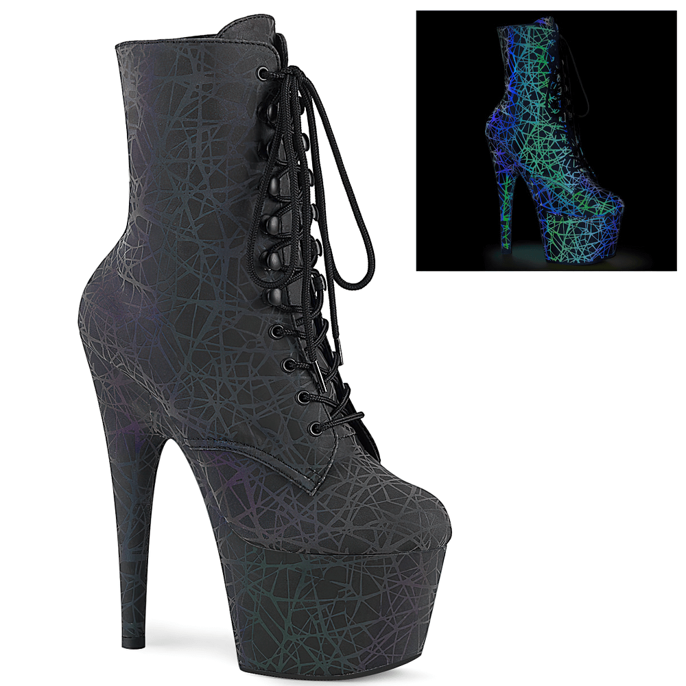 Stunning PLEASER lace-up reflective ankle boots with dramatic 7-inch heels and platform, showcasing vibrant colors.