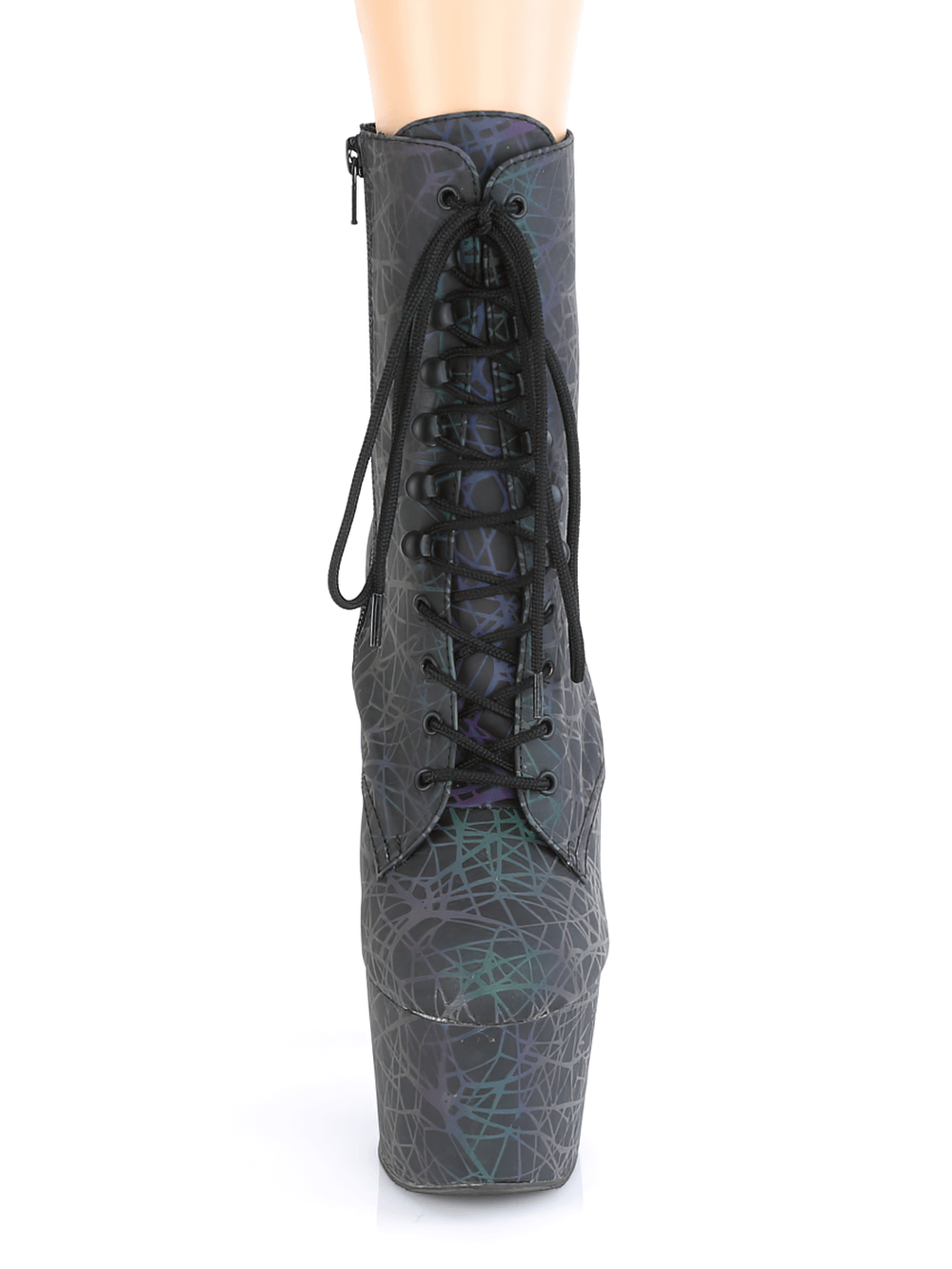 Reflective lace-up ankle boots with heels in green and purple, featuring a dramatic design and platform.