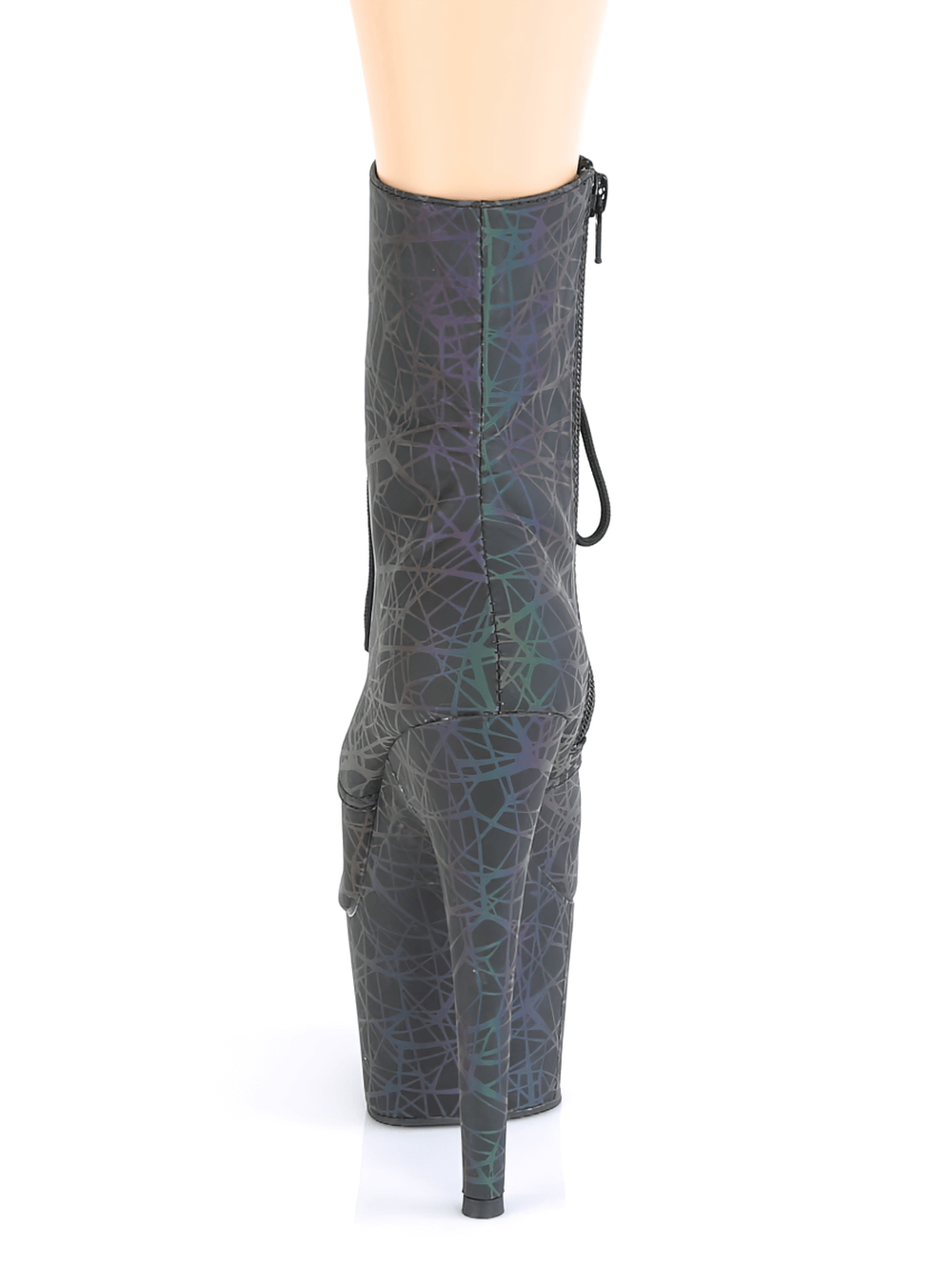 PLEASER lace-up ankle boots with 7-inch heels, featuring reflective design in green and purple, side zip closure.