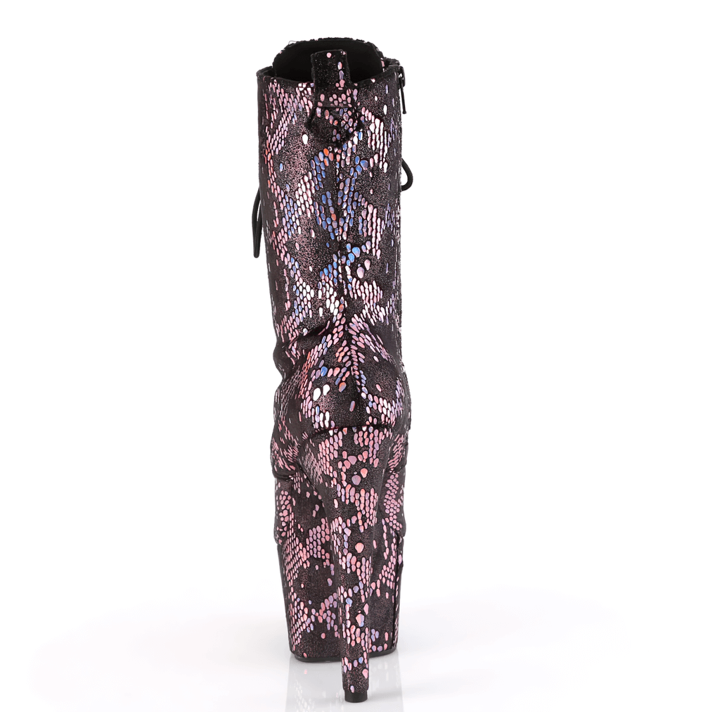 Back view of Pleaser iridescent pink lace-up stiletto ankle boots with a shimmering platform and stylish design.