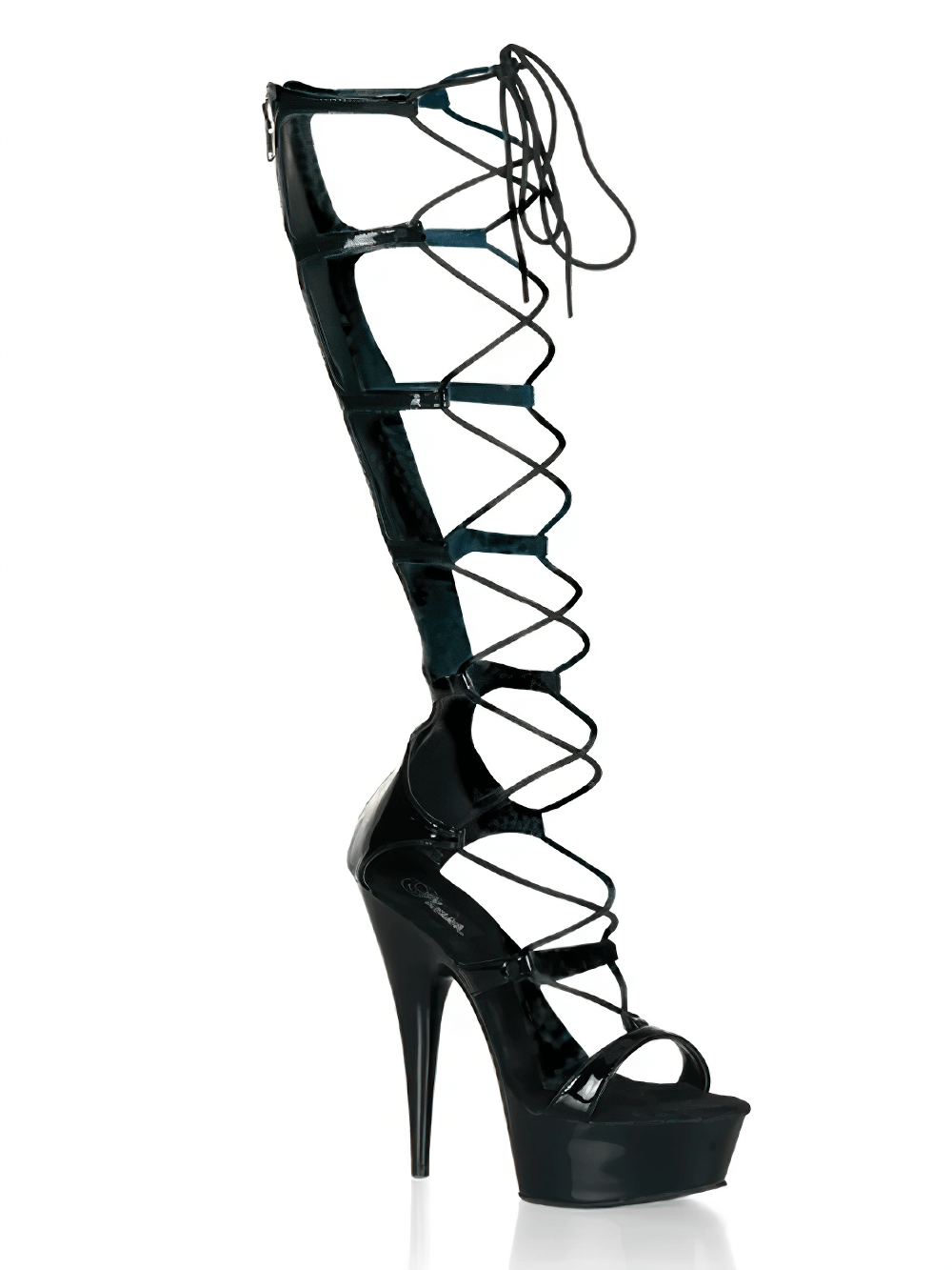 Black lace-up stiletto heels with open toe and platform, perfect for bold fashion statements.