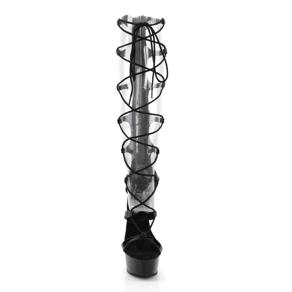 Pleaser Lace-Up Stiletto Heels with Open Toe Design in Black, featuring a 6-inch platform for bold fashion statements.