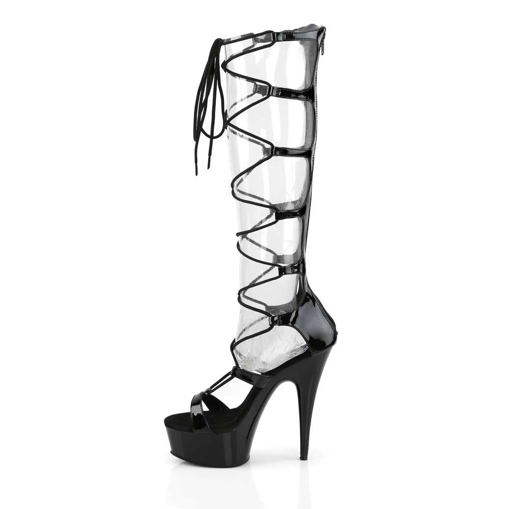 Fierce black lace-up stiletto bootie sandals with a clear shaft and high platform for bold fashion statements.