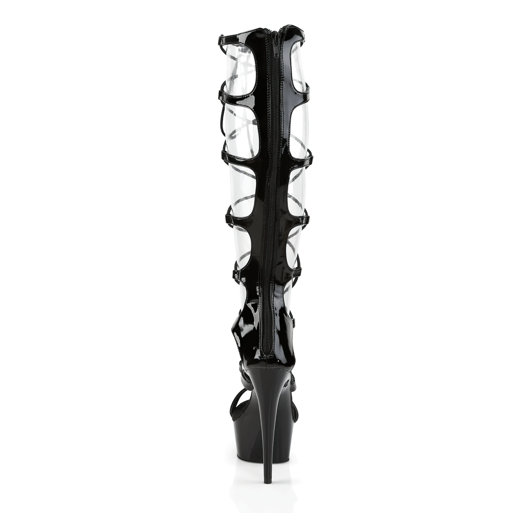 Back view of stylish black lace-up stiletto booties with a clear design and high heels, perfect for bold fashion statements.