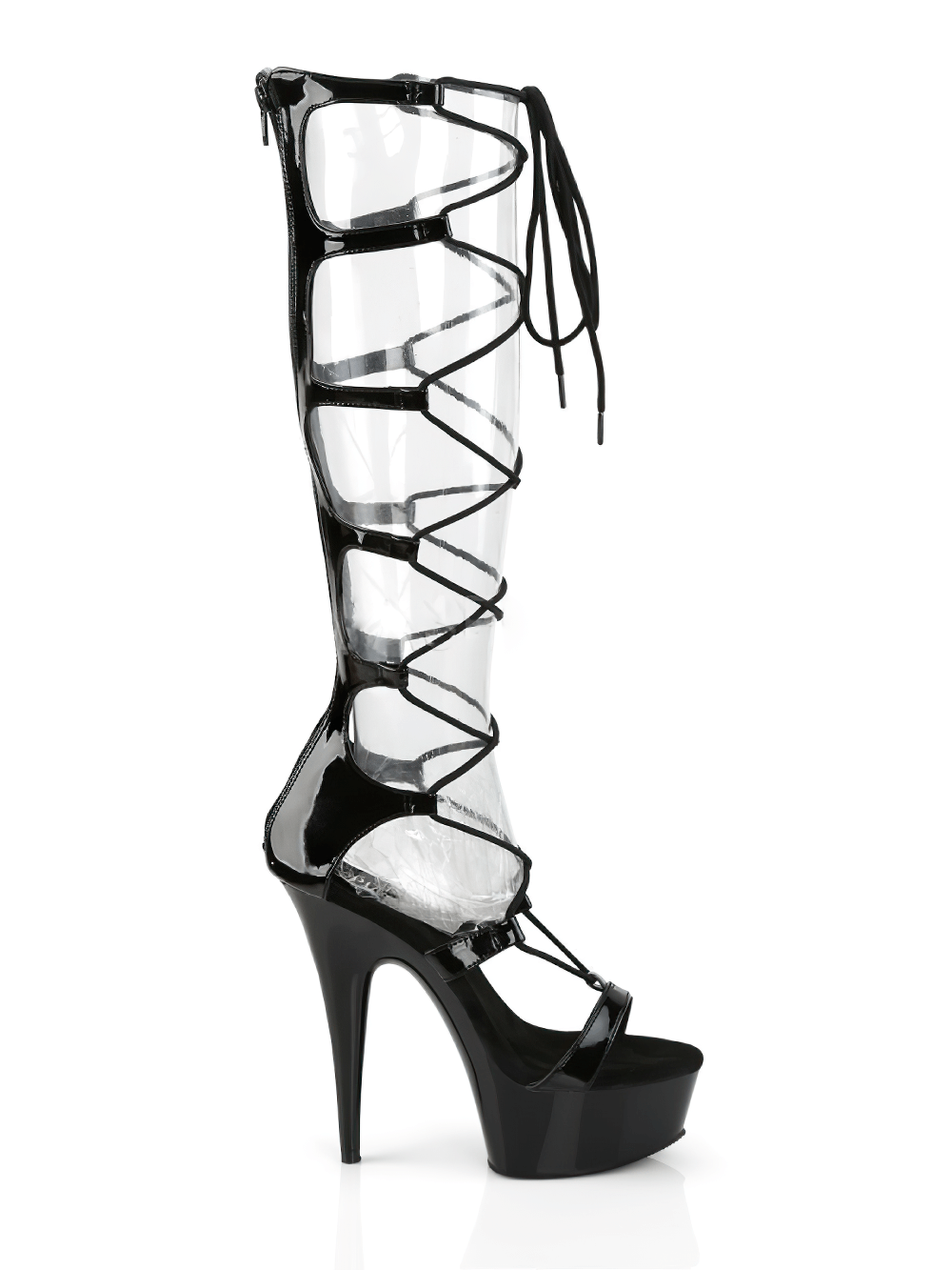 Stylish black lace-up stiletto bootie sandals with a 6-inch heel and open-toe design for bold fashion statements.