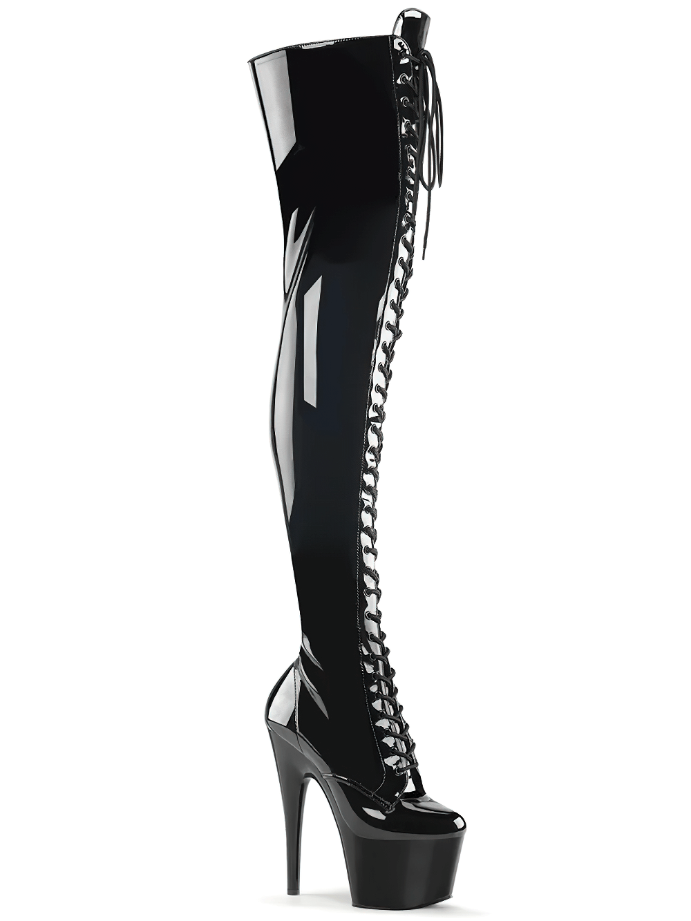 PLEASER Lace-Up Thigh High Platform Stiletto Boots in glossy black, featuring a 7-inch heel and stylish lace-up design.
