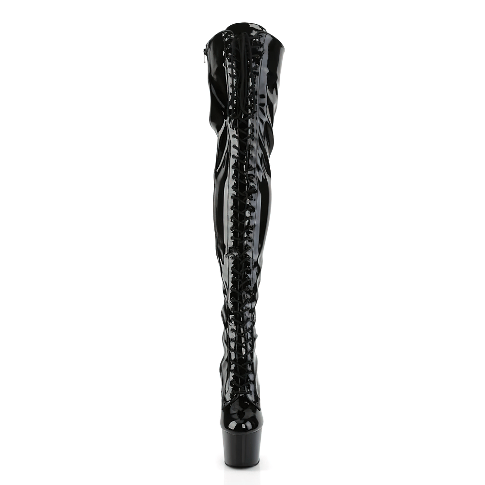 Black lace-up thigh high platform stiletto boots with a shiny finish and side zipper for a striking gothic look.