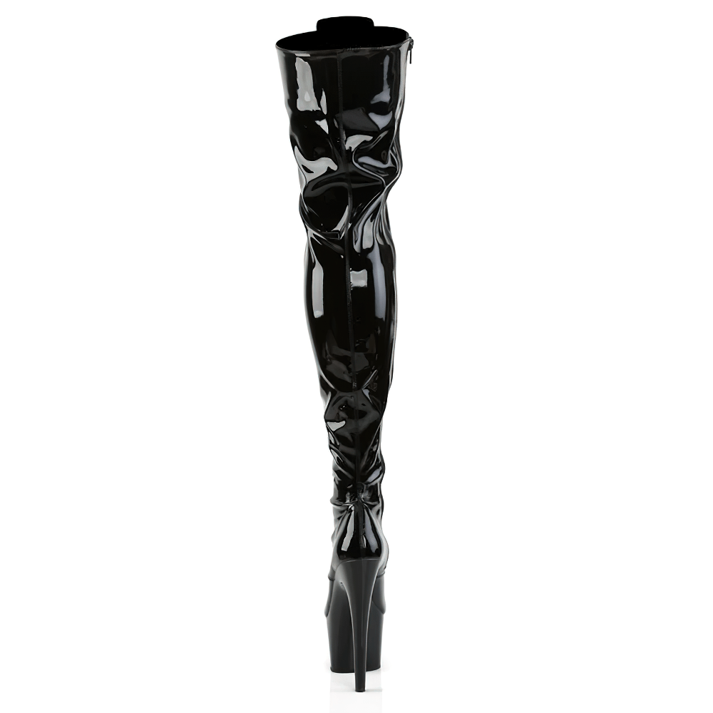 Sleek black lace-up thigh high platform stiletto boots with a shiny finish and adjustable fit.