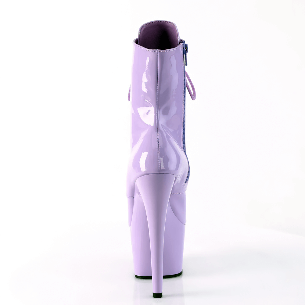 Back view of Pleaser lavender lace-up stiletto ankle boots with a daring 7-inch heel and shiny finish.