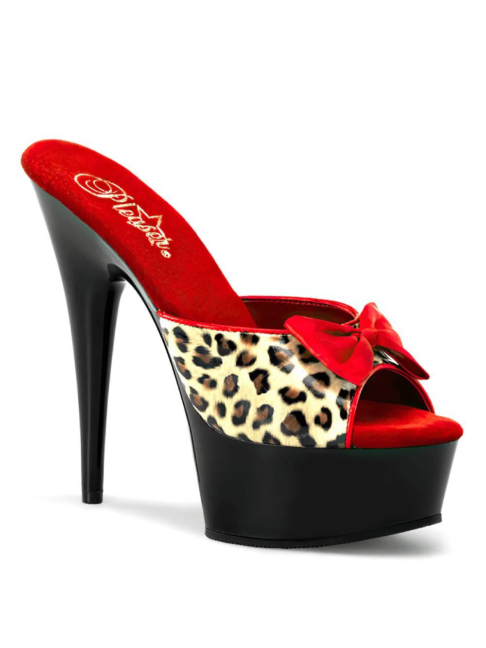PLEASER Leopard Print and Red Bow Stiletto Slide Heels, 6-inch peep-toe platform for a fierce fashion statement.