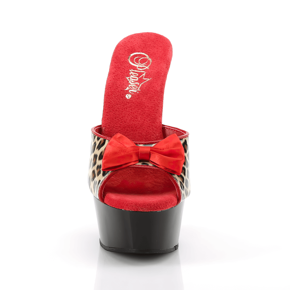 Fierce Pleaser Leopard Print Stiletto Slide Heels with a playful red bow and peep-toe design.