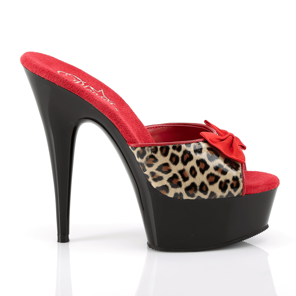 Fierce PLEASER Leopard and Red Bow Stiletto Slide Heels with black platform and peep-toe design.