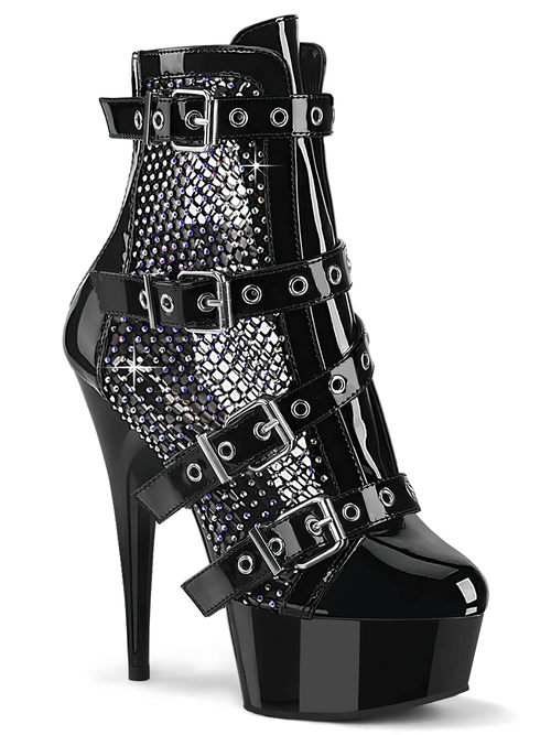 PLEASER Mesh-Stiefeletten mit vierfacher Schnalle und Strasssteinen