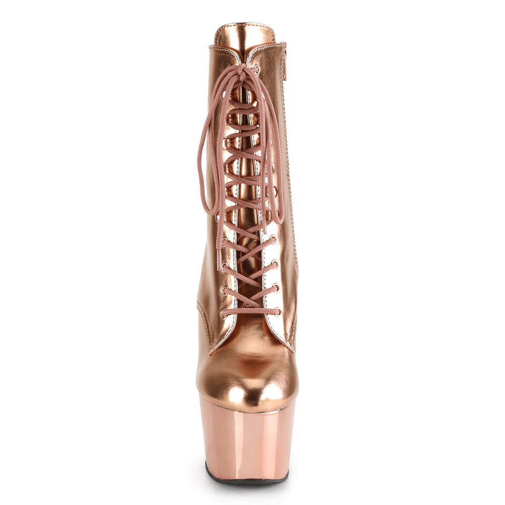 PLEASER Botas de tacón de aguja con plataforma en oro rosa metalizado