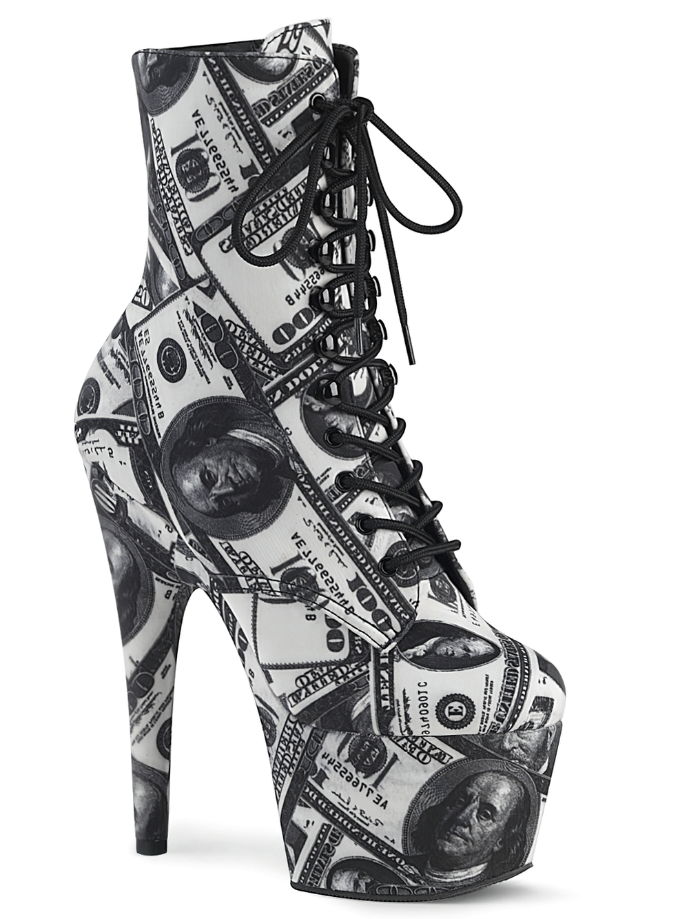 PLEASER Money Print Lace-Up Platform Ankle Boots With Heels